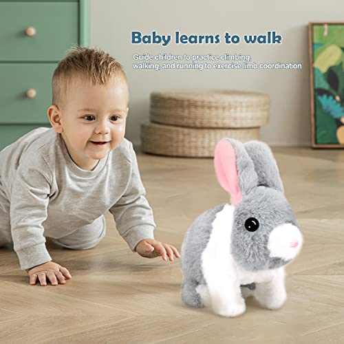 Bilinott Animated Plush Bunny Toy - Interactive Hopping And Squeaking Gray Rabbit Stuffed Animal #TOP2
