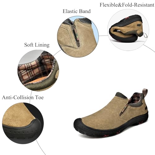 Lossarye Men's Leather Waterproof Slip On Hiking Loafers Comfortable Anti-Collision Round Toe Casual Walking Work Shoes Anti-Slip Outdoor Sneakers3