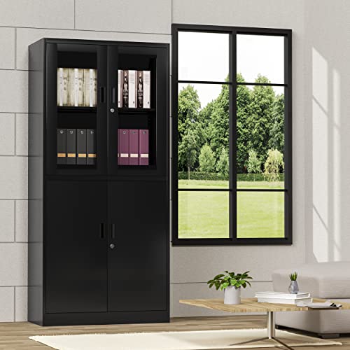 Lissimo Metal Storage Cabinet With Glass Doors, Lockable Office Cabinet, 71" Tall Steel Cabinet With Adjustable Shelves For Home Office,School And Hospital (Black) #TOP1