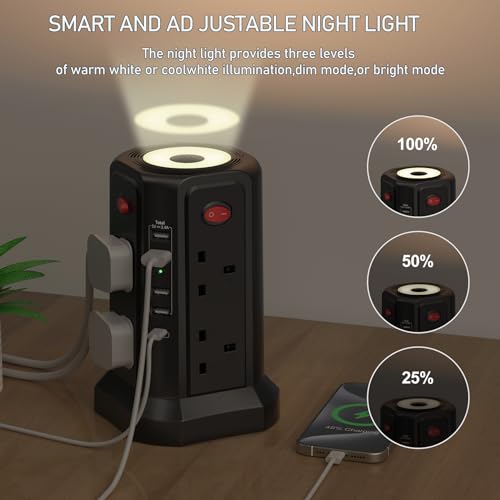 Tower Extension Lead with USB Slots 3M, 20W Fast Charger with Night Light, (13A 3250W)5 USB Ports & 8 Way - Image 3