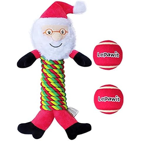 Lepawit Christmas Dog Plush Toy, Santa Claus Design, Sturdy Rope Squeaky Toy for Dogs, Interactive Stuffed Dog Chew Toy for Medium, Large Dogs, with Two Tennis Balls for Outdoor Activity, 3 Pack Cover