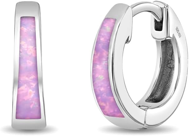 925 Sterling Silver Chunky Simulated Opal Inlay Huggie Hoop Earrings For Little Girls and Preteens 8mm - Young Girls Chunky Hoop Earrings For Everyday Use
