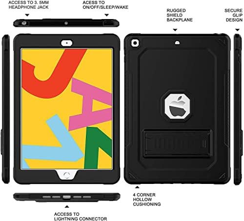 ZoneFoker Case for iPad 9th Generation Case, for iPad 8th/7th Generation 10.2 Inch Case, 2-in-1 Sturdy Heavy Duty Rugged Shockproof Slim iPad 9 8 7 10.2" Cover Kids Man Boys Black