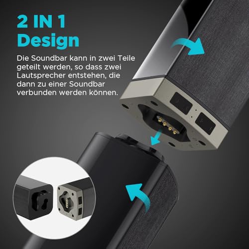 2.0-Kanal Soundbar für TV Geräte, 32 Zoll Teilbare 2-in-1 für TV Soundbar Bluetooth mit 3 EQ-Modi und 3D Surround Sound, TV Lautsprecher Soundbars mit HDMI-ARC/Optisch/Aux, KY2020D – Bild 3