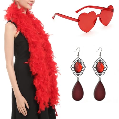 Federboa Set, 2M Federboa Rot Flauschige Feder Boa mit Herzbrille & Roten Ohrringen, Bunte Feder Boas für Karneval, Party, Hochzeit, Weihnachtskostüm & Festliche Dekoration, Elegant & Vielseitig