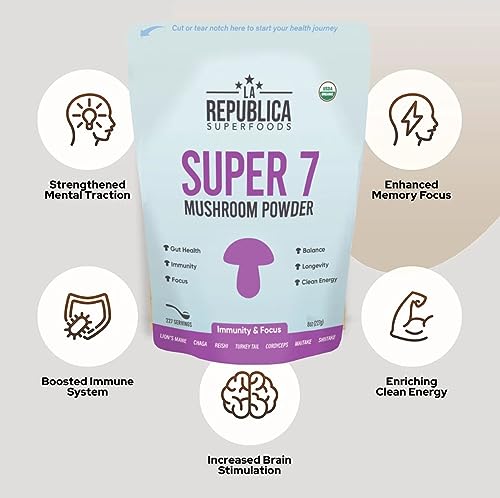 Lrla Superfoods La Republica Super 7 Mushroom Powder, Usda Organic Lion's Mane, Chaga, Reishi, Cordyceps, Maitake, Shiitake, Turkey Tail, Mushroom Supplement, Vegan, No Fillers (3 Oz) #TOP2