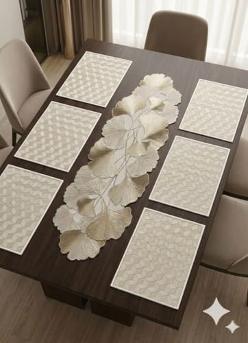 Premium Heat Resistant Table Placemats and Runner Combo – Waterproof, Washable, and Easy to Clean Dining Table Mats Set (3D Geometric Cube & Two Leaf Runner Combo 6+1)