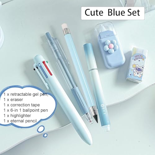 Image of SAMVARDHAN 7 Pcs Cute Purple Stationery Set Kawaii School Supplies Office Supplies Including Ballpoint Pens Pencil Sharpener Highlighter Correction Tape Ruler (Blue)