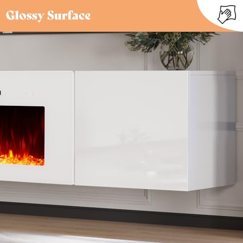 Image of AMERLIFE Floating Fireplace TV Stand, Wall Mounted Mirrored Entertainment Center with 40 inch Electric Fireplace, Modern LED Lights Media Console for TVs Up to 90 inch, All White
