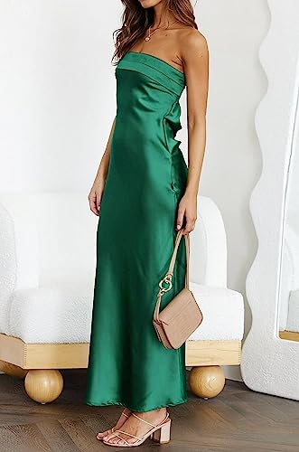 Image of MEROKEETY Women's Summer Satin Strapless Bodycon Dress 2026 Backless Tube Wedding Guest Cocktail Formal Party Maxi Dresses