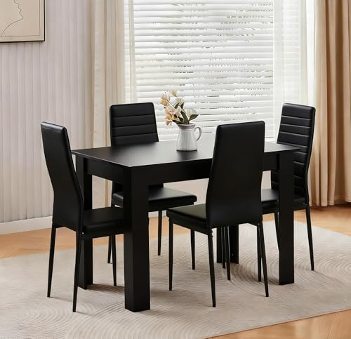 Menaka Wood Dining Table and Chairs Set of 4 Small Rectangular Kitchen Dinner Table with 4 Seaters (line black leather chairs 110cm black walnut table 4 seaters)