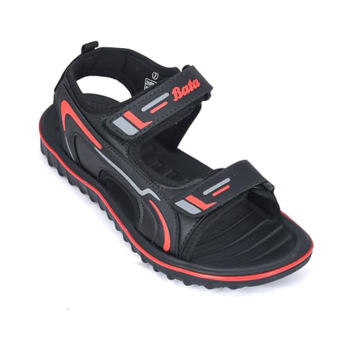 Image of Bata Men's Sports Sandals, Dual Velcro Strap, Textured Sole (BLACK /RED, UK Footwear Size System, Adult, Men, Numeric, Medium, 9)