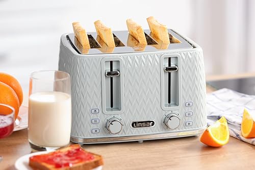 Linsar - 4 Slice Toaster - Unique Curved Texture - Defrost, Reheat, Cancel Functions - 7 Browning Levels, Wide Slots, Removable Crumb Tray - Automatic Switch Off - 1600 Watt (Grey) - Image 5