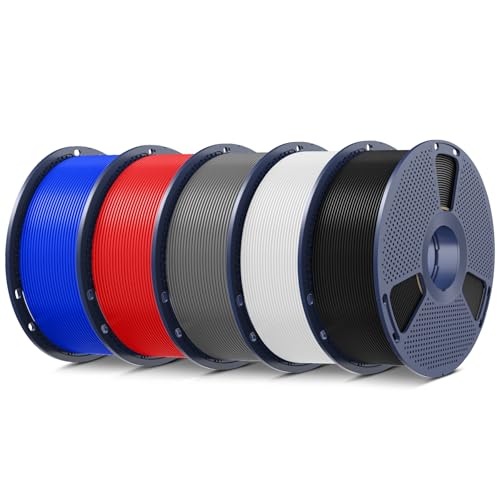 SUNLU 5 kg PLA Plus 3D Printer Filament PLA+ Filament 1.75 mm Robust 3D Filament Compatible with 3D Printers 1 kg Spool (2.2 lbs) Total 5 kg Black + White + Grey + Blue + Red