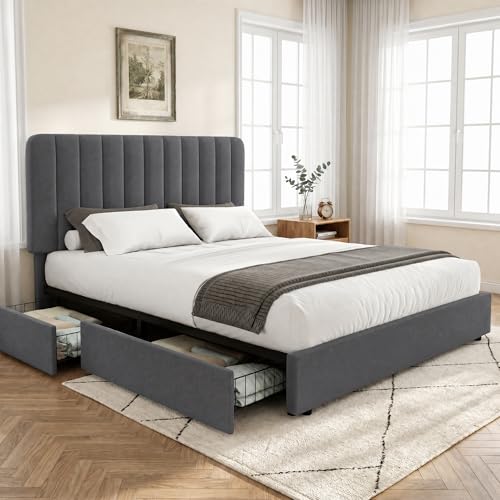 Image of VECELO Full Size Upholstered Bed Frame with 4 Drawers and Headboard, Velvet Platform Storage Bedframe, Wooden Slats Support, No Box Spring Needed,Dark Grey