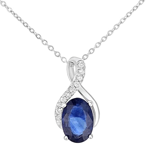 Image of Naava 9ct White Gold Sapphire and Diamond Pendant Necklace – Premium Belcher White Gold Chain with Authentic Blue Sapphire and Diamond Pendant – Elegant Gift Box Included Perfect for Special Occasions