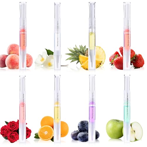 Soodyoow 8Pcs Aceite Cuticulas Uñas Aceite para Cuticulas 8 Sabores Frutales Hidratante para Cutículas Agrietadas y Secas Pluma Portátil Cuidado Uñas Manos y Pies
