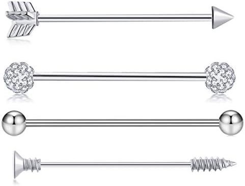 TIANCI FBYJS 4 Pcs 14G 38mm Stainless Steel Industrial Industrial Barbell Earrings Ear Cartilage Helix-Conch Body Piercing Jewelry (4pcs silver)