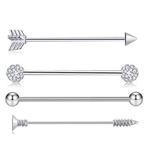 Tianci Fbyjs 4 Pcs 14G 38Mm Stainless Steel Industrial Industrial Barbell Earrings Ear Cartilage Helix-Conch Body Piercing Jewelry (4Pcs Silver) #TOP2