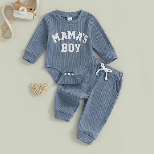 Mamas Boy Baby Clothes Embroidered Long Sleeve Romper Waffle Ribbed Pants Set Baby Fall Winter Outfit2