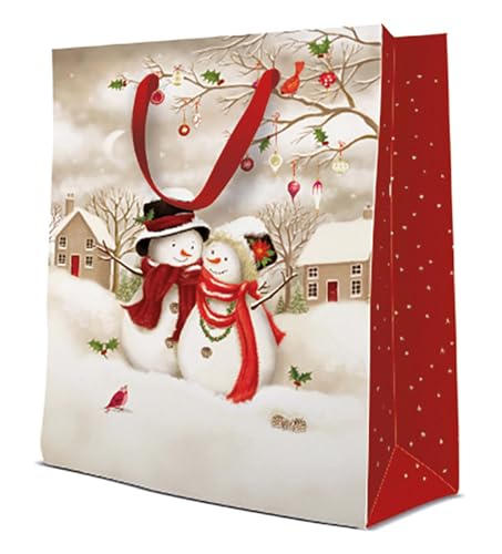 Grand sac cadeau de Noël haut de gamme motif bonhomme de neige en papier épais texturé