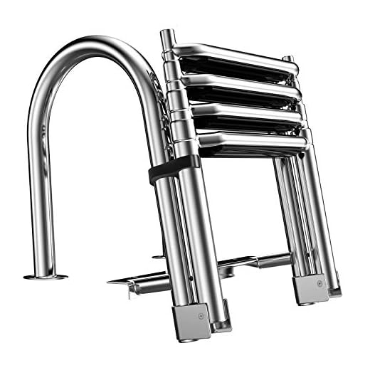 XGEAR 4 Step Pontoon Boat Ladder, Foldable Premium Stainless Steel Marine Yacht Ladder/Swim Deck Ladder with Pedal Hand Railing,Slip-Proof Plastic Tread, Retaining Strap