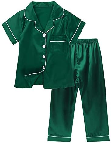 JanJean Kids Girls Boys Short Sleeve Pajamas Set Silk Satin Button-Down Shirt Top with Long Pants Sleepwear Pjs Loungewear