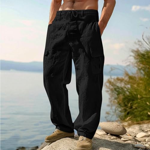 Cotton Linen Pants for Men Drawstring Waist Lightweight Beach Pants Casual Loose Straight Leg Trousers with Pocket2