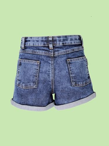 Image of KiddoPanti Girls Tight Length Rollup Denim Shorts with Lavender and Pink 3D Crochet Flowers