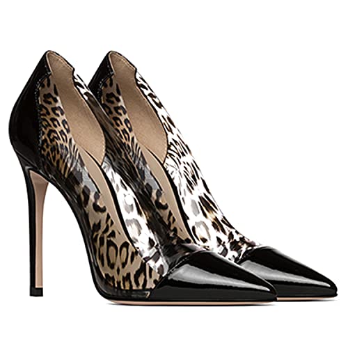 LEHOOR Women Clear Stiletto Pumps Cap Pointed Toe Transparent High Heels PVC Sexy Leopard Slip On Dress Evening Pumps with 5 Inch Thin High Heel Animal Print Closed Toe Sandals Fashion Chic 4-12 M US