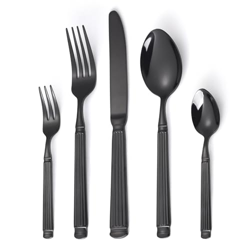 Black Unique Hammered Silverware Set Gorgeous Retro 20-Piece Stainless Steel Roman Column Flatware Set for 4, Food-Grade Tableware Cutlery Set,Utensil Sets for Home Restaurant, Mirror Finis