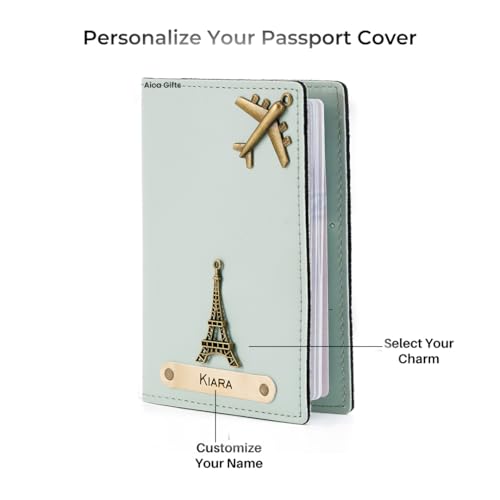 Image of AICA Personalised Name & Charm Leather Passport Cover Holder for Men & Women (Mintgreen)|Gifts for Woman | Gift for Man |Passport Cover for Men| Diwali Gifts for Family and Friends| Travel Accessories