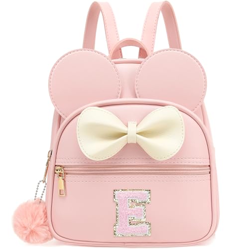 PRLINJSK Mini mochila com inicial para meninas e crianças, pequeno mouse personalizado bolsa com laço para presente, Rosa E, Small, Mochilas de viagem