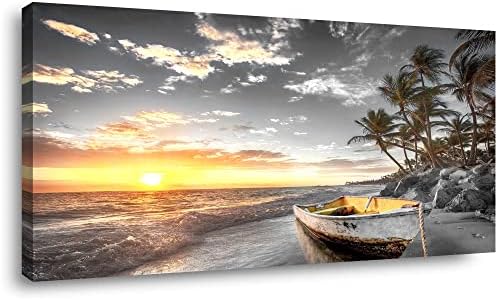 Beach Wall Art Canvas Prints Art Black and White Sunset Seascape Pictures Bedroom Decor Boat Tree Ocean Landscape Painting for Living Room Office Decoration Natural Scenery Artwork 20x40inches