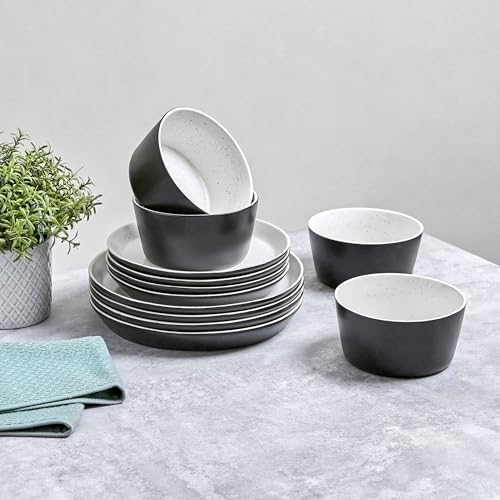 Image of Sango 12-Piece Stoneware Dinnerware Set for 4, Modern White & Black Plates and Bowls Sets with Speckled Glaze, Durable Kitchen Ceramic Dish Set, Microwave & Dishwasher Safe Everyday Dishes, Stockholm