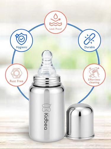 Image of Kidbea Steel Feeding Bottle 150ml for Newborns with Extra 2 Silicon Nipples | BPA Free, Food Grade, Leakproof | Safe & Durable Baby Milk Feeder