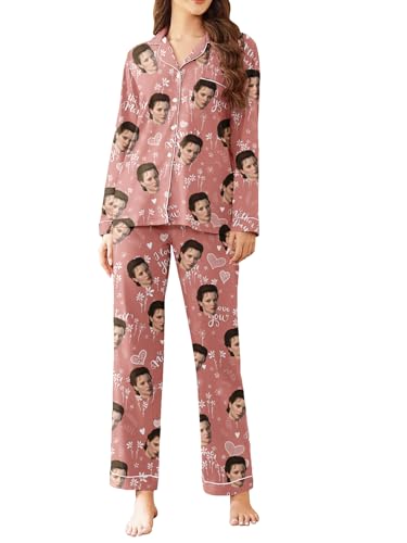 Personalzied Pajamas Set with Photo Custom Face Pajamas Customized Sleepwear Button Down Couples Funny PJ for Women Men
