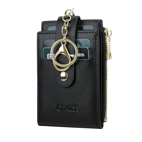 Cynure Porta-cartões feminino de couro com bloqueio de RFID, fino, pequeno, com zíper, bolso frontal, carteira com 2 porta-documentos, 1 - preto liso, one size, Minimalista
