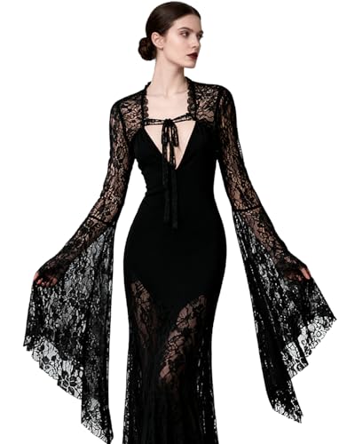 L'VOW Lace Bolero for Women Goth Bolero Crop Top Lace Sleeves Witch Vampire Cosplay Victorian Accessories(Black,L)