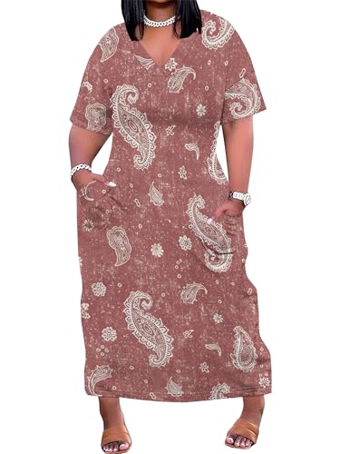 Image of SUZONANA Plus Size Denim Print Maxi Dresses for Women Casual V Neck Short Sleeve with Pockets Soft Jean Look Dress XL-6XL