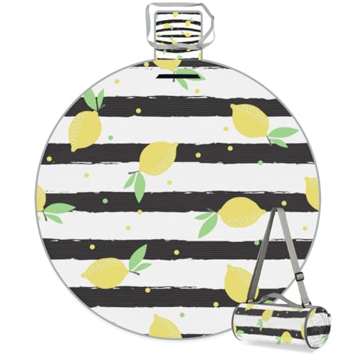 Shimoshe Striped Background Lemon Picnic Outdoor Blanket Foldable Waterproof Sandproof Beach Blanket Portable Water-Resistant Round Picnic Mat for Travel Camping Park Lawn
