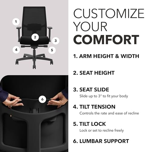 Image of HON Ignition 2.0 Mid‑Back Ergonomic Office Chair, Mesh Task Seating with Lumbar Support, Advanced Synchro‑Tilt, Height and Width Adjustable Arms, Black Frame, Black