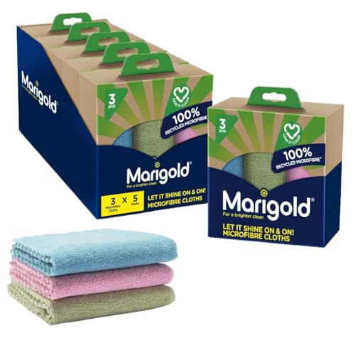 Image of Marigold Let It Shine On and On Microfibre Cloths, Case Pack of 5 x 3Pk Cloths, 100% Recycled Microfibre Cleaning Cloths, Multifunctional Reusable Cloths for All Surfaces, Machine Washable
