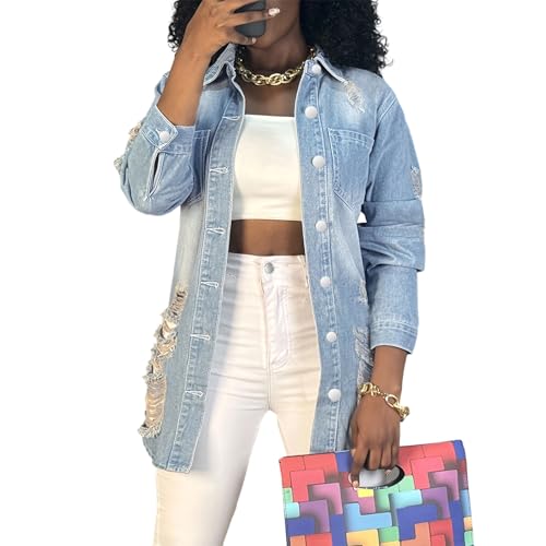Oversized Denim Jacket For Curvy Women 3X，Stretchy Denim Jacket Women Lightweight Plus Size Ripped Collared，Soft
