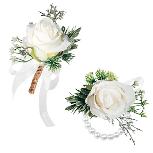 Feibety 2 Pcs Wrist Corsages for Wedding Bride Corsage Wristlet Band Stretch Pearl Wedding Handmade Artificial Wristband Pearl Corsage and Boutonniere Set Bracelets for Wedding Party Bride Bridesmaid