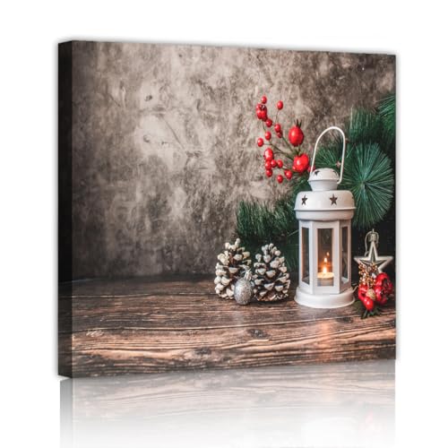 Lanterne rustique Noël toile art mural ferme peinture d'hiver