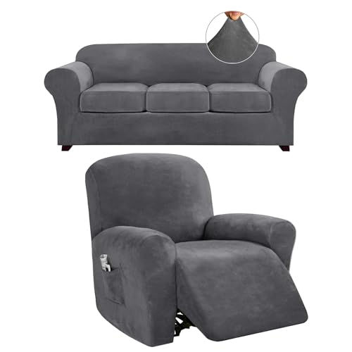 PrinceDeco 4 Pieces Couch Covers Bundle Recliner Chair Cover, Grey