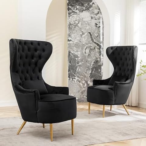 KINWELL 30" W Tufted High Wingback Chairs Set of 2, Mid Century Modern Velvet Upholstered Accent Chairs Armchairs with Toss Pillow Metal Legs for Living Room Bedroom Apartment Lounge Nursery, Black Cover