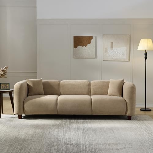 Image of Merax 87 inch Camel Velvet Couch 3 Seater Modern Sofas for Living Room | with 2 Pillows, Foam Filled Cushions, Solid Wood Legs, Upholstered Backrest and Armrest, Bear 900lbs, 87 inchW x 29.5 inchD x 26.5 inchH