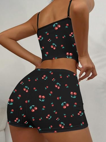 Image of Hilinker Womens Graphic 2 Piece Pajama Set Summer Cute Crop Cami and Shorts Ribbed Lounge Sets